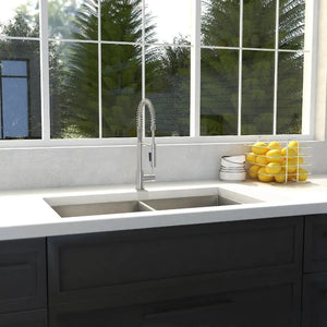 ZLINE Anton 36 in. Undermount Double Bowl Stainless Steel Kitchen Sink with Bottom Grid (SR50D-36) in a cottage-style kitchen, front.