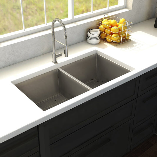 ZLINE Anton 36 in. Undermount Double Bowl Stainless Steel Kitchen Sink with Bottom Grid (SR50D-36) in a cottage-style kitchen, above.