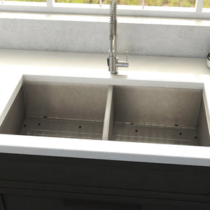 ZLINE Anton 36 in. Undermount Double Bowl Stainless Steel Kitchen Sink with Bottom Grid (SR50D-36) in a cottage-style kitchen, close-up.