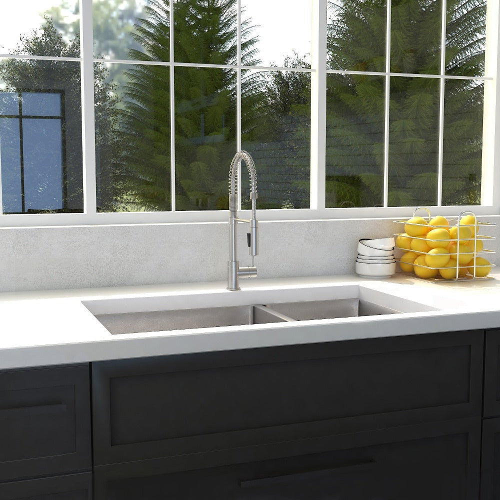 ZLINE Chamonix 36 in. Undermount Double Bowl Stainless Steel Kitchen Sink with Bottom Grid (SR60D-36) in a cottage-style kitchen, front.