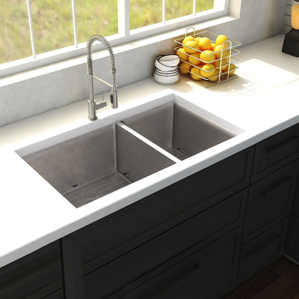 ZLINE Chamonix 36 in. Undermount Double Bowl Stainless Steel Kitchen Sink with Bottom Grid (SR60D-36) in a cottage-style kitchen, above.