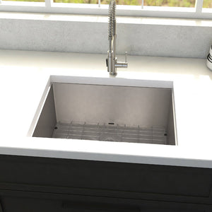 ZLINE Meribel 23 in. Undermount Single Bowl Stainless Steel Kitchen Sink with Bottom Grid (SRS-23) in a farmhouse-style kitchen, close-up.