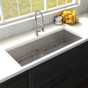 ZLINE Meribel 36 in. Undermount Single Bowl Stainless Steel Kitchen Sink with Bottom Grid (SRS-36) in a farmhouse-style kitchen, above.