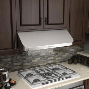 ZLINE 36 in. Ducted Under Cabinet Range Hood in Stainless Steel (623-36) above a gas stove in a kitchen with wooden cabinets.