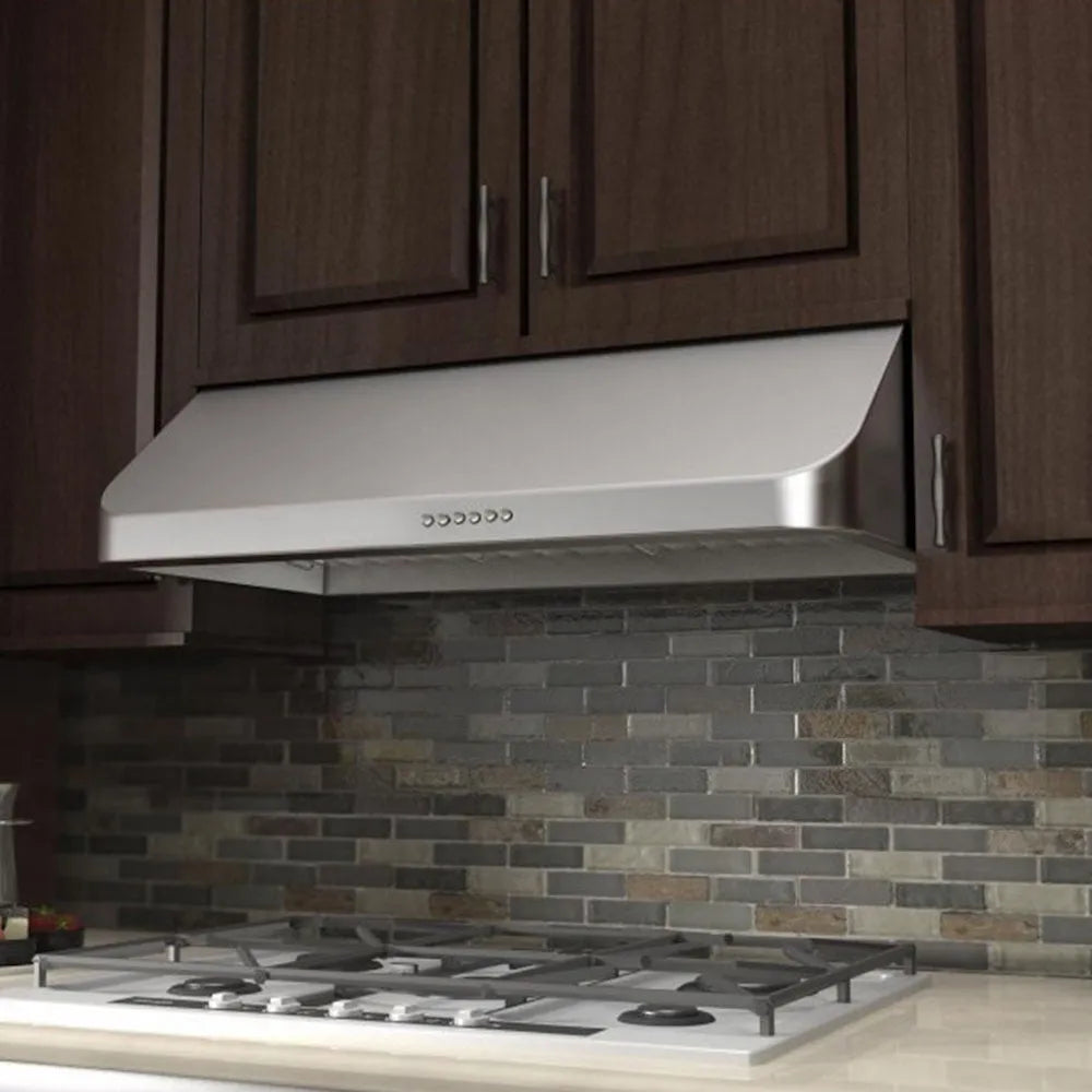 ZLINE 36 in. Ducted Under Cabinet Range Hood in Stainless Steel (623-36) above a gas stove with wooden cabinets and a tiled backsplash.