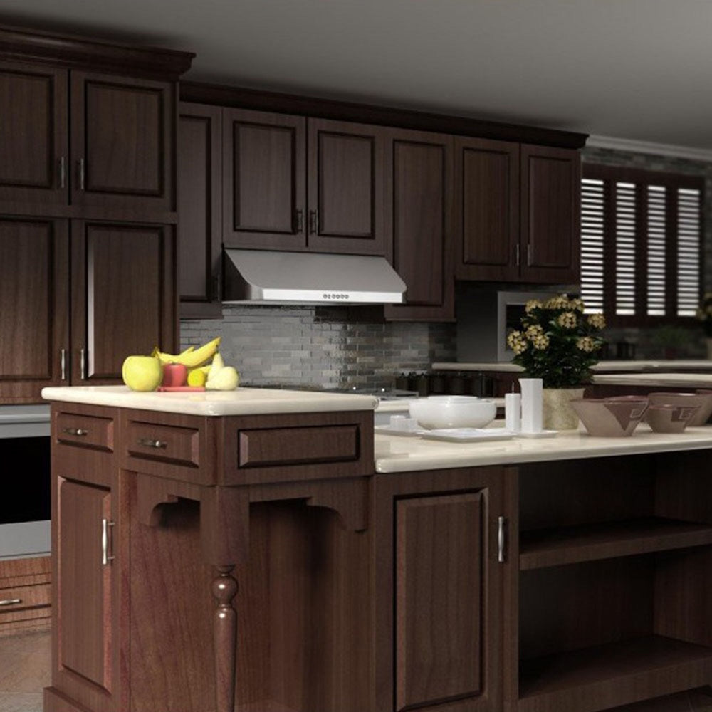 Rustic kitchen with wooden cabinets and island, featuring a ZLINE 36 in. Ducted Under Cabinet Range Hood in Stainless Steel (623-36) and decorative elements.