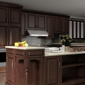 Rustic kitchen with wooden cabinets and island, featuring a ZLINE 36 in. Ducted Under Cabinet Range Hood in Stainless Steel (623-36) and decorative elements.