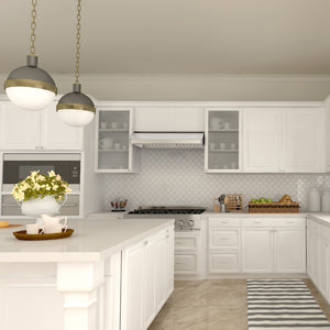 Modern kitchen with ZLINE 36 in. Ducted Under Cabinet Range Hood in Stainless Steel (623-36) white cabinets, gray countertops, and decorative elements.