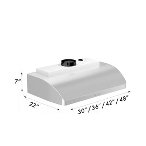 ZLINE 36 in. Ducted Under Cabinet Range Hood in Stainless Steel (625-36) dimensions.