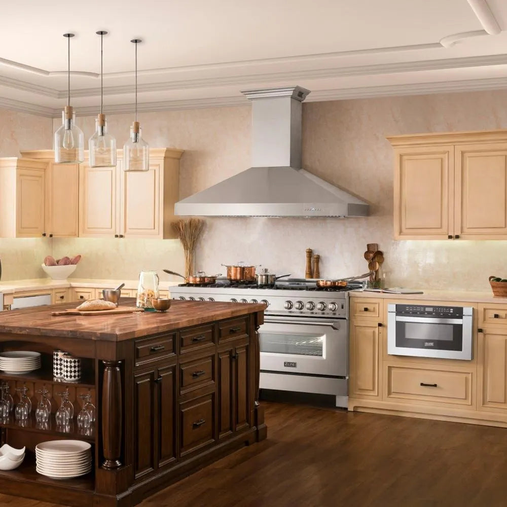 Designer kitchen with wooden island, ZLINE 48 in. CrownSound™ Ducted Vent Wall Mount Range Hood in Stainless Steel with Built-in Bluetooth Speakers (667CRN-BT-48), and beige cabinets.