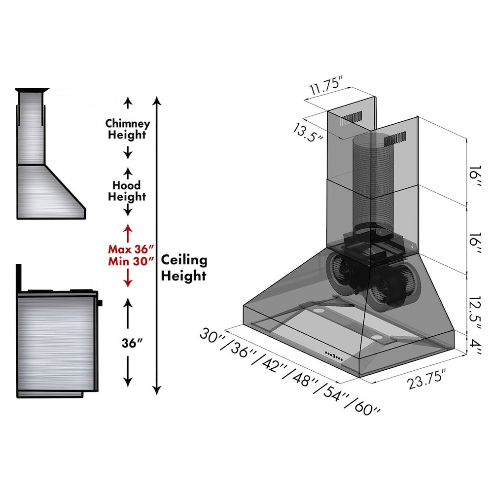 ZLINE 48 in. Professional Ducted Wall Mount Range Hood in Stainless Steel with Crown Molding (667CRN-48) dimensional diagram.