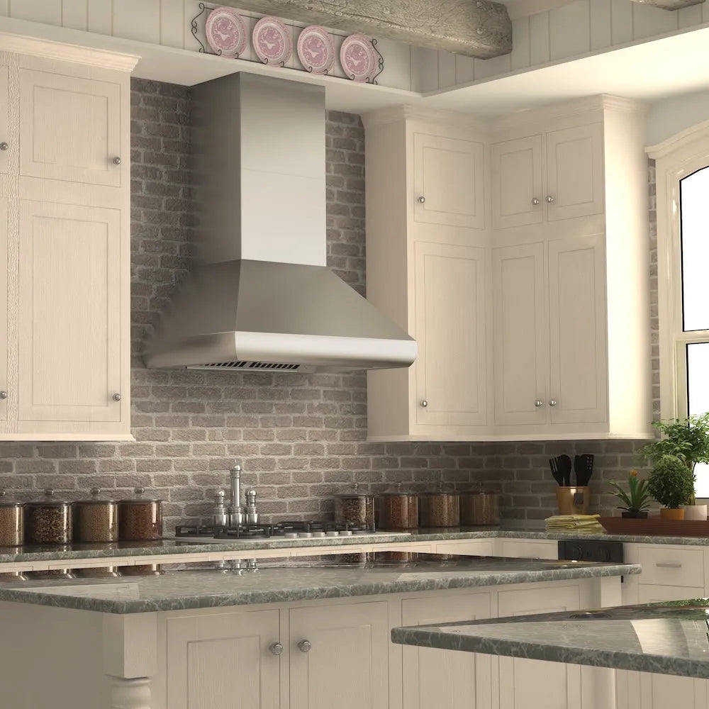 Modern kitchen with white cabinets, brick backsplash, and ZLINE 36 in. Professional Ducted Wall Mount Range Hood in Stainless Steel (687-36)