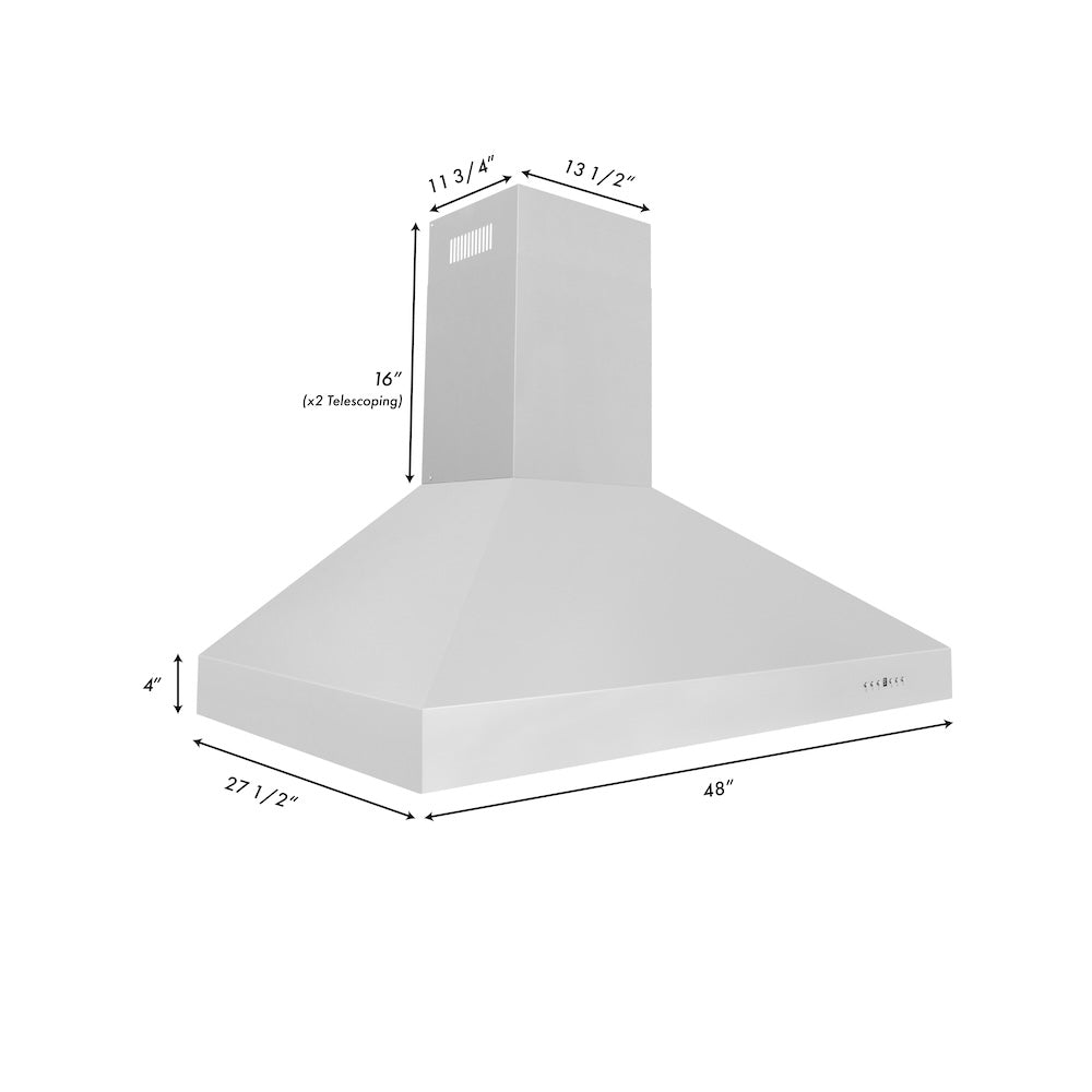 ZLINE 48 in. Professional Ducted Wall Mount Range Hood in Stainless Steel (697-48) dimensional diagram.