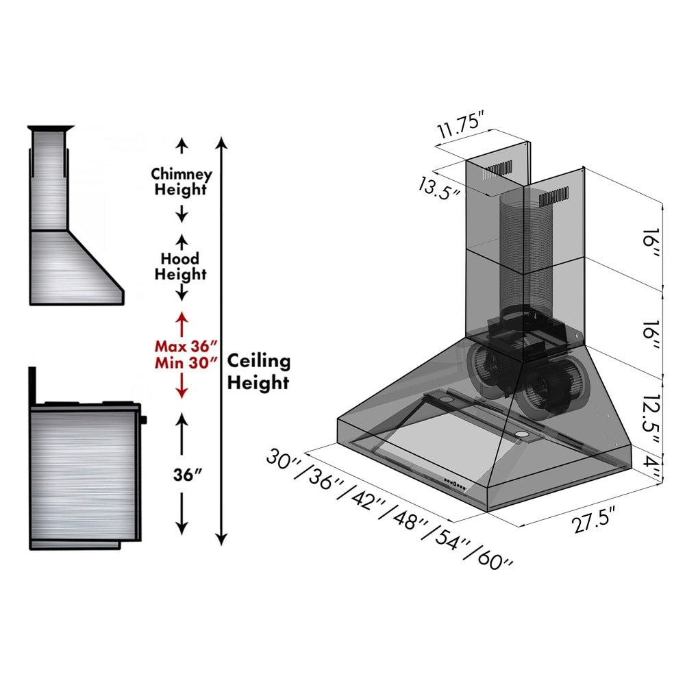 ZLINE 36 in. Ducted Wall Mount Range Hood in Outdoor Approved Stainless Steel (697-304-36) dimensional diagram.