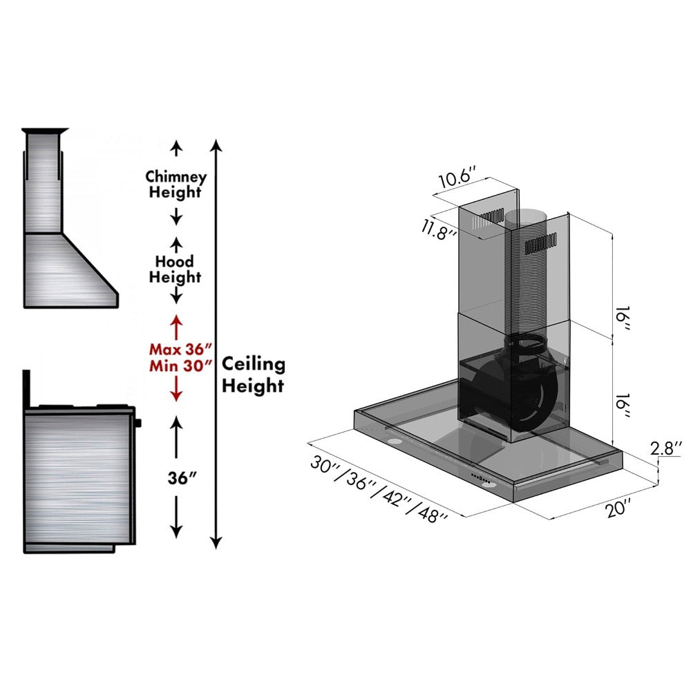 ZLINE 48 in. Convertible Vent Wall Mount Range Hood in Stainless Steel with Crown Molding (KECRN-48) dimensional diagram.