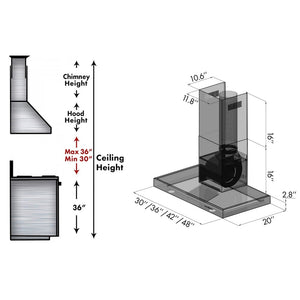 ZLINE 48 in. Convertible Vent Wall Mount Range Hood in Stainless Steel with Crown Molding (KECRN-48) dimensional diagram.