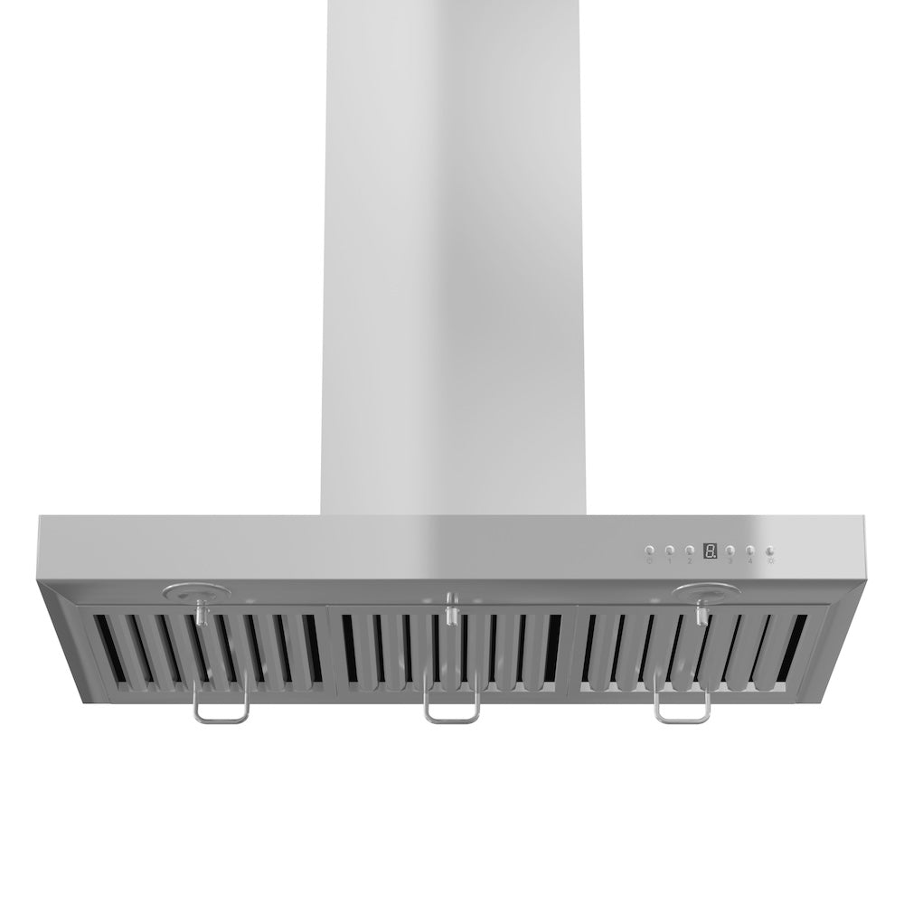 ZLINE 36 in. Convertible Vent Wall Mount Range Hood in Stainless Steel with Crown Molding (KECRN-36) underneath.