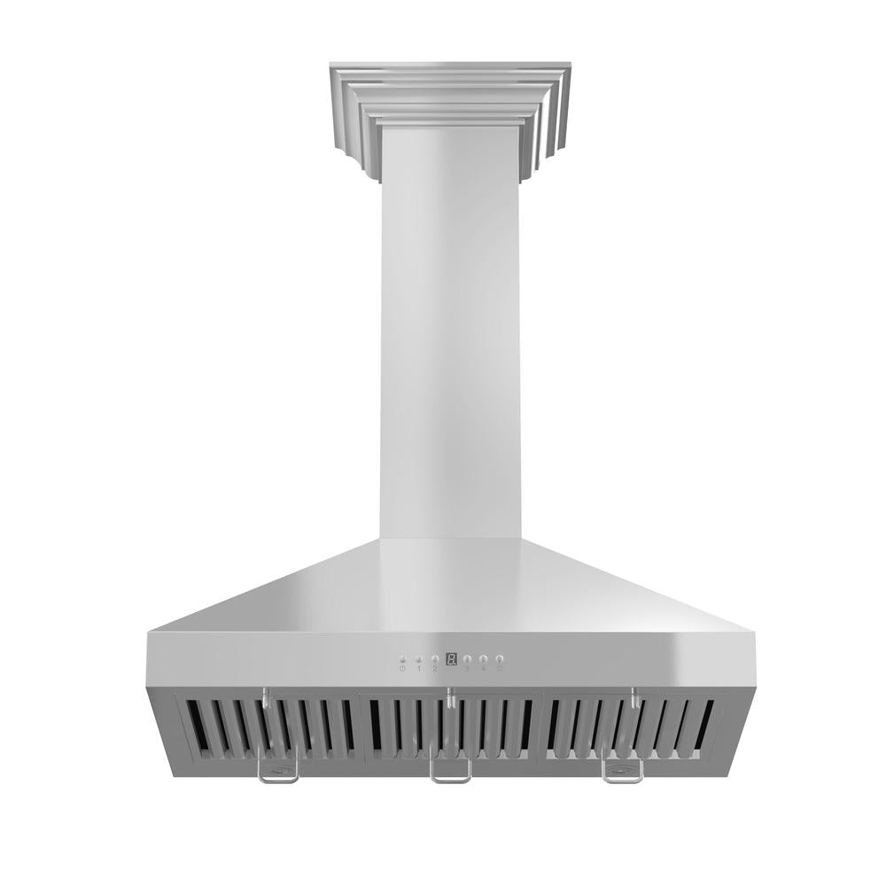 ZLINE 48 in. Convertible Vent Convertible Vent Wall Mount Range Hood in Stainless Steel with Crown Molding (KL3CRN-48) underneath.
