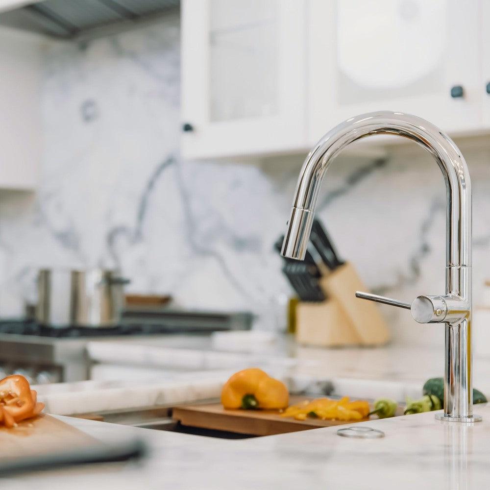 ZLINE Voltaire Kitchen Faucet in Chrome (VLT-KF-CH) in a cottage-style kitchen.