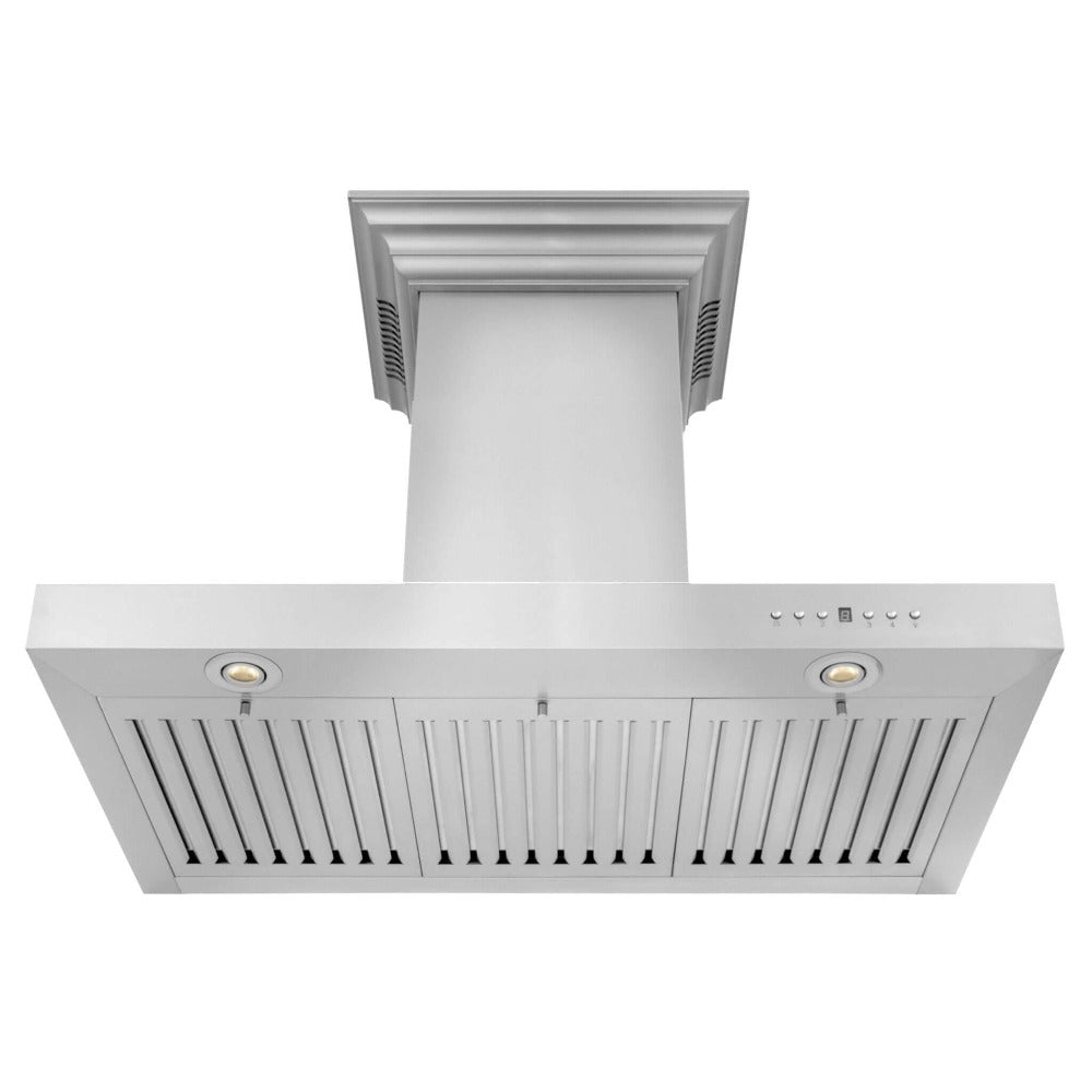 ZLINE 30 in. CrownSound™ Ducted Vent Wall Mount Range Hood in Stainless Steel with Built-in Bluetooth Speakers (KECRN-BT-30) front, under.