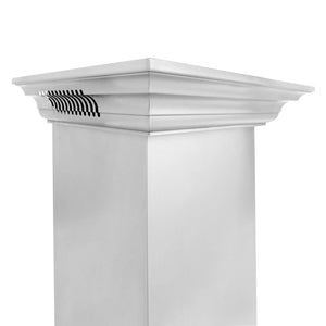 ZLINE 30 in. CrownSound™ Ducted Vent Wall Mount Range Hood in Stainless Steel with Built-in Bluetooth Speakers (KECRN-BT-30) crown molding.