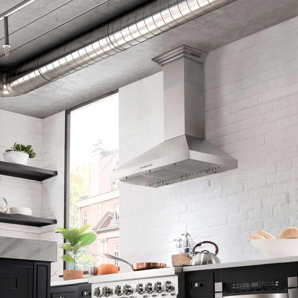ZLINE 42 in. CrownSound™ Ducted Vent Wall Mount Range Hood in Stainless Steel with Built-in Bluetooth Speakers (KL3CRN-BT-42)