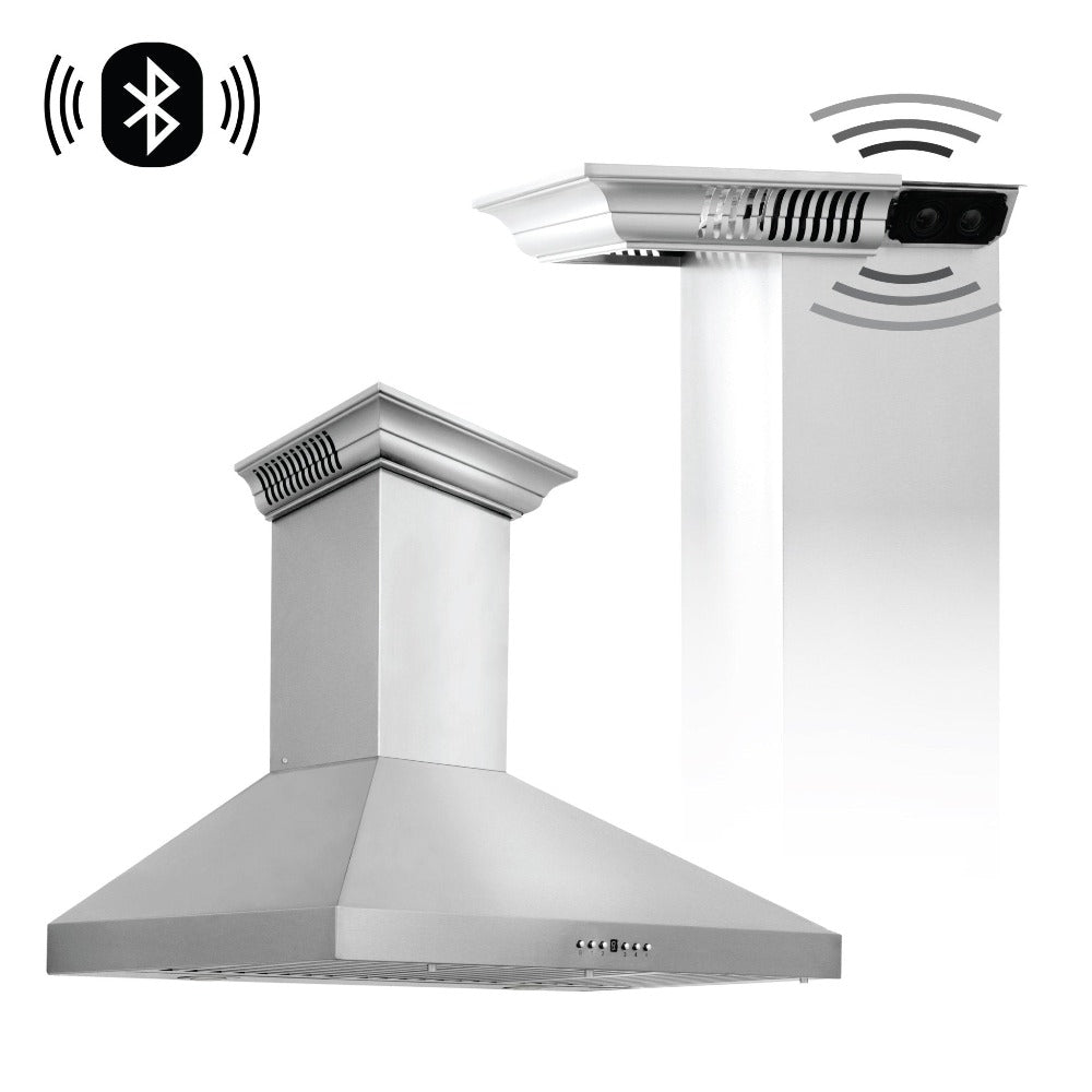 ZLINE 36 in. CrownSound™ Ducted Vent Wall Mount Range Hood in Stainless Steel with Built-in Bluetooth Speakers (KL3CRN-BT-36)