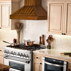 Rustic kitchen with stainless steel appliances and ZLINE 30 in. Wooden Wall Mount Range Hood in Rustic Light Finish (KPLL-30)