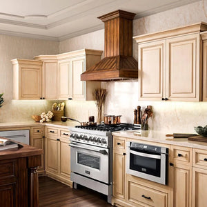 Farmhouse kitchen with ZLINE 36 in. Wooden Wall Mount Range Hood in Rustic Light Finish (KPLL-36)and stainless steel appliances