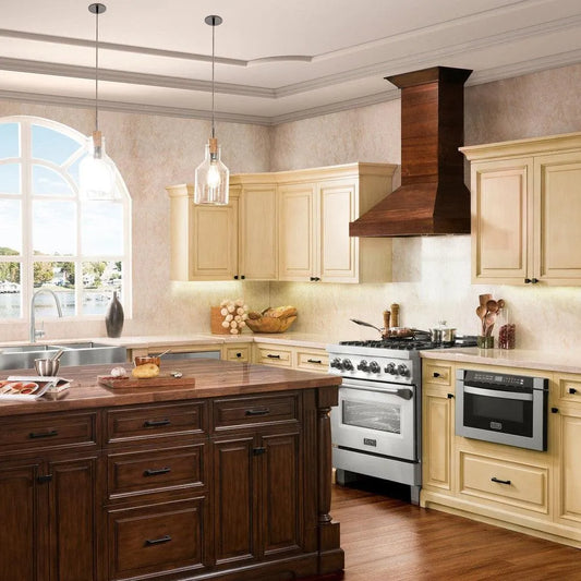 Farmhouse kitchen with ZLINE 36 in. Convertible Vent Wooden Wall Mount Range Hood in Walnut (KBRR-36), wooden island, white appliances, and large window.
