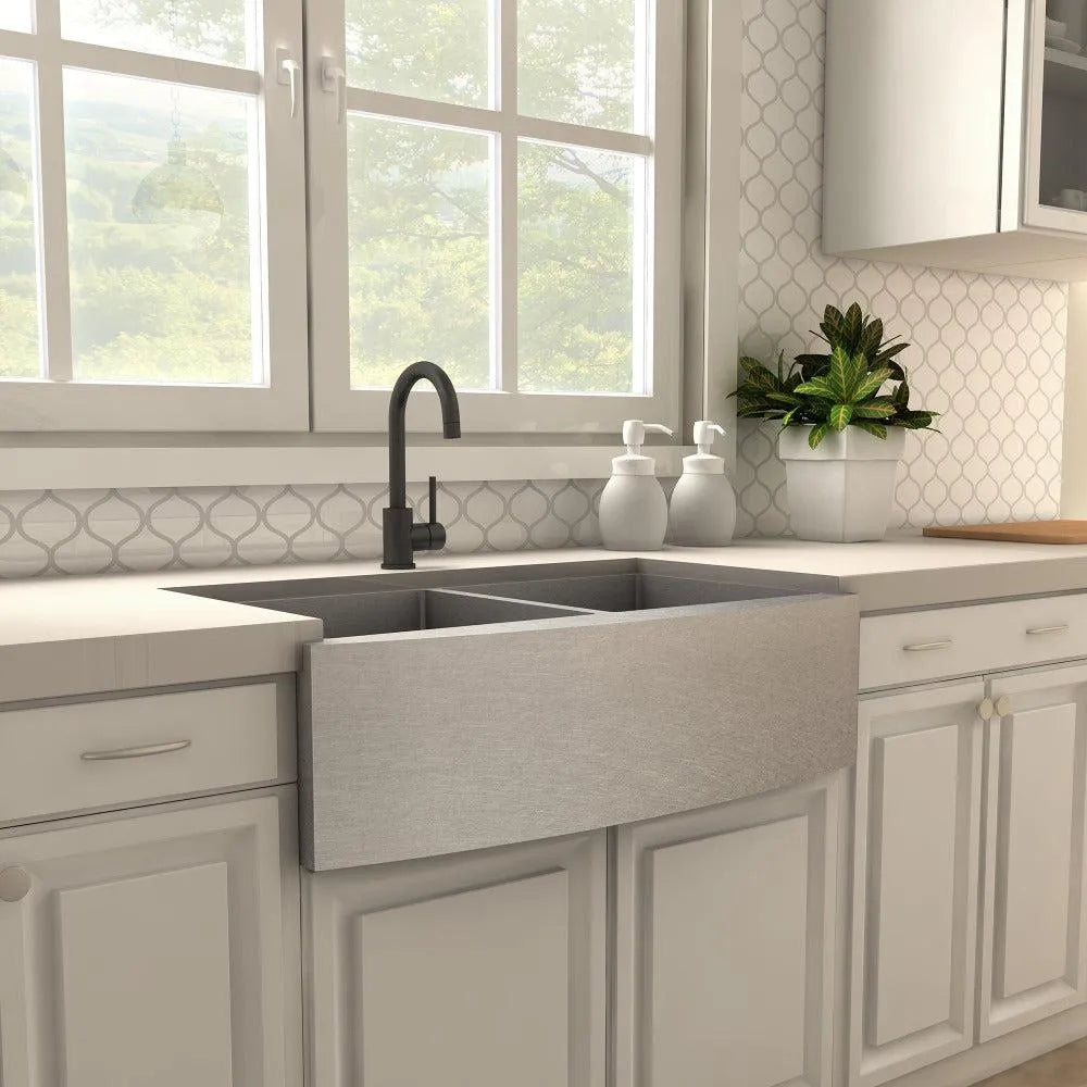 ZLINE Renoir Kitchen Faucet in Matte Black (REN-KF-MB) in a farmhouse kitchen, side.