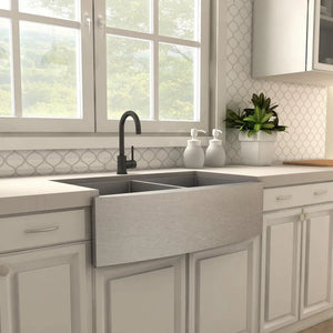 ZLINE Renoir Kitchen Faucet in Matte Black (REN-KF-MB) in a farmhouse kitchen, side.