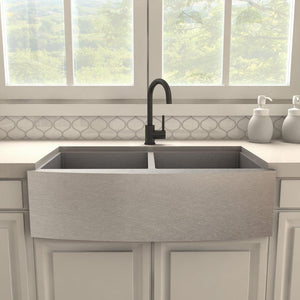 ZLINE Renoir Kitchen Faucet in Matte Black (REN-KF-MB) in a farmhouse kitchen, front.