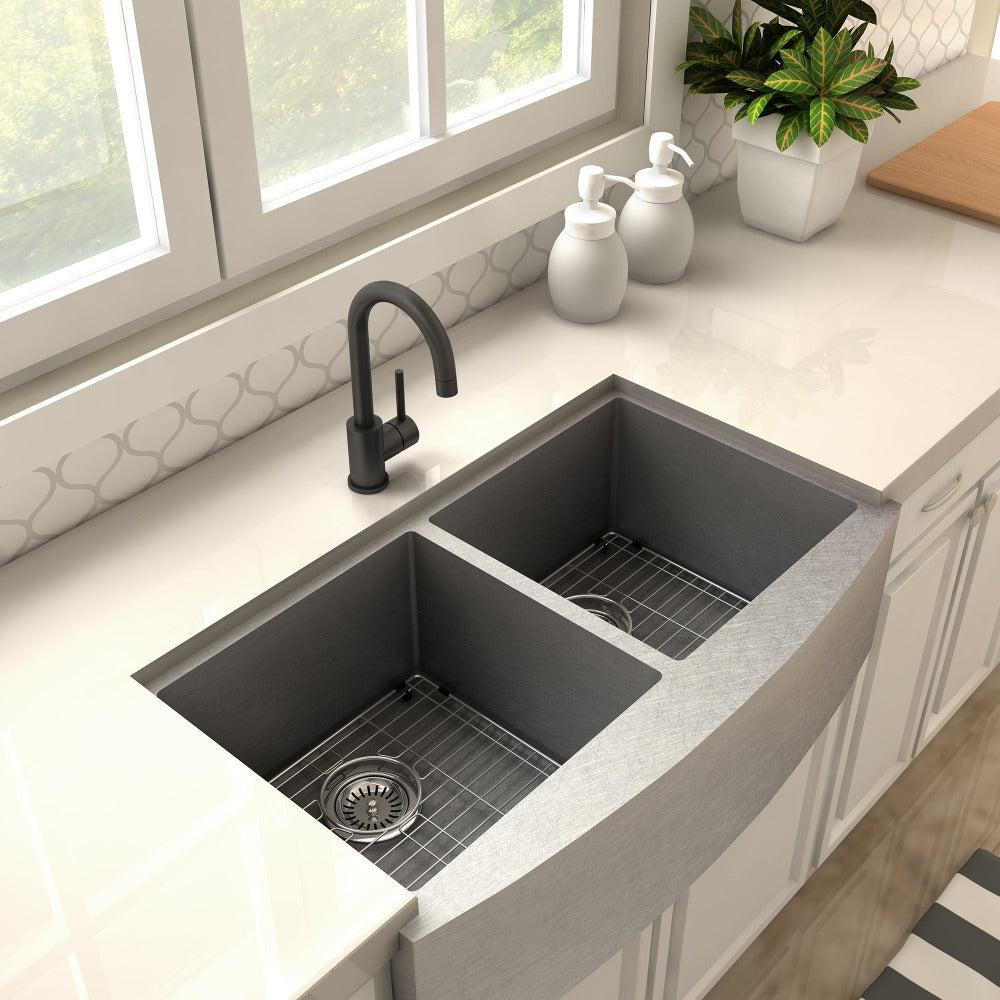 ZLINE Renoir Kitchen Faucet in Matte Black (REN-KF-MB) in a farmhouse kitchen, above.