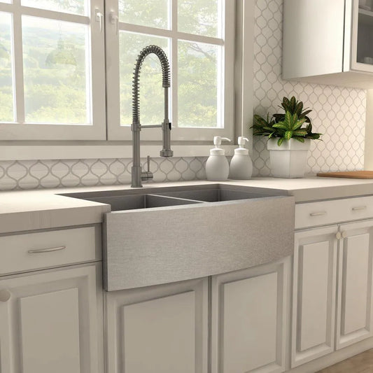 ZLINE Apollo Pull Down Spring Single Handle Kitchen Faucet in Gun Metal (APL-KF-GM) in a farmhouse kitchen, side.