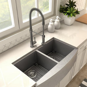 ZLINE Apollo Pull Down Spring Single Handle Kitchen Faucet in Gun Metal (APL-KF-GM) in a farmhouse kitchen, above.
