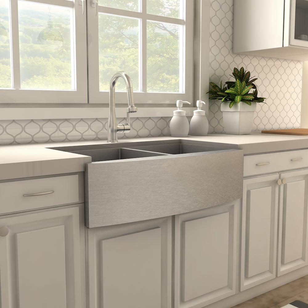 ZLINE Dali Pull Down Kitchen Faucet in Brushed Nickel (DAL-KF-BN) in a farmhouse kitchen, side.