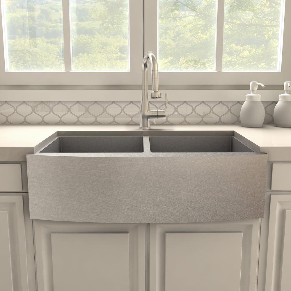 ZLINE Dali Pull Down Kitchen Faucet in Brushed Nickel (DAL-KF-BN) in a farmhouse kitchen, front.