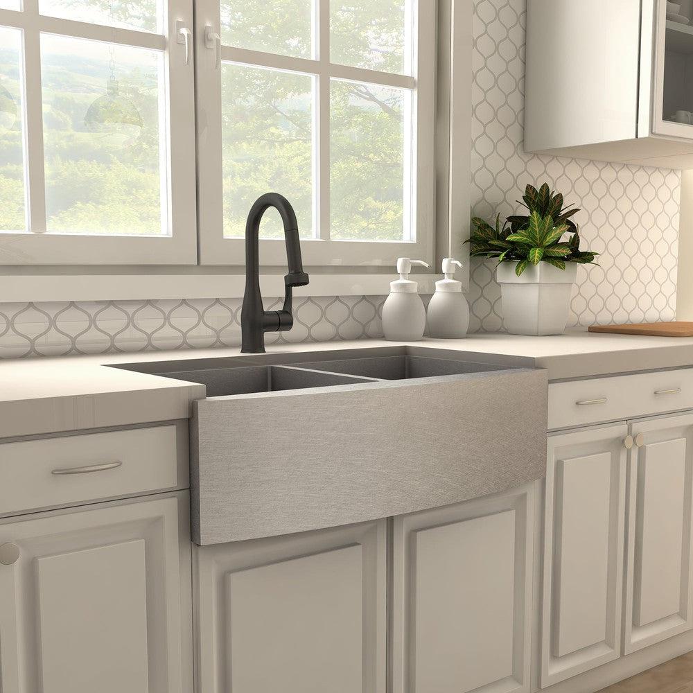 ZLINE Dali Pull Down Kitchen Faucet in Matte Black (DAL-KF-MB) in a farmhouse kitchen, side.