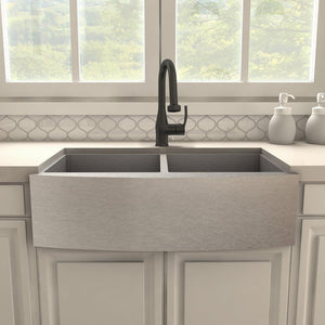 ZLINE Dali Pull Down Kitchen Faucet in Matte Black (DAL-KF-MB) in a farmhouse kitchen, front.