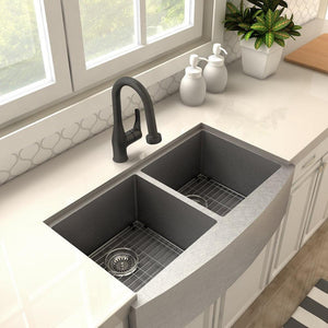 ZLINE Dali Pull Down Kitchen Faucet in Matte Black (DAL-KF-MB) in a farmhouse kitchen, above.