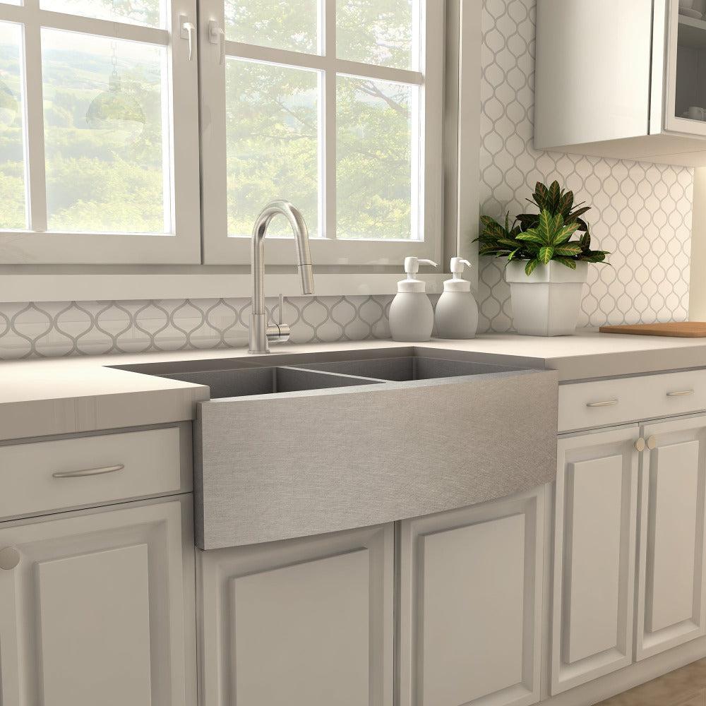 ZLINE Dante Pull Down Kitchen Faucet in Brushed Nickel (DNT-KF-BN) in a farmhouse kitchen, side.