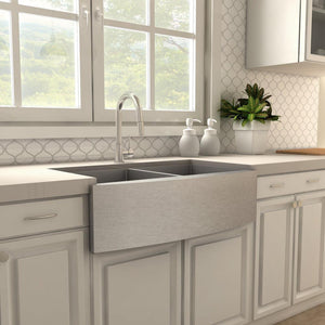 ZLINE Dante Pull Down Single Handle Kitchen Faucet in Brushed Nickel (DNT-KF-BN) in a farmhouse kitchen, side.
