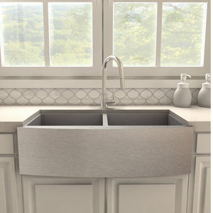 ZLINE Dante Pull Down Kitchen Faucet in Brushed Nickel (DNT-KF-BN) in a farmhouse kitchen, front.