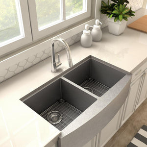 ZLINE Dante Pull Down Kitchen Faucet in Brushed Nickel (DNT-KF-BN) in a farmhouse kitchen, above.