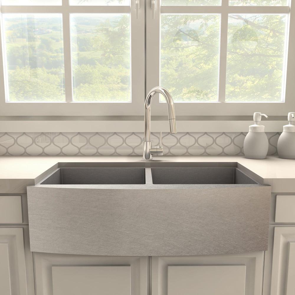 ZLINE Dante Pull Down Kitchen Faucet in Chrome (DNT-KF-CH) in a farmhouse kitchen, front.