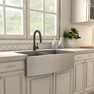 ZLINE Dante Pull Down Kitchen Faucet in Matte Black (DNT-KF-MB) in a farmhouse kitchen, side.