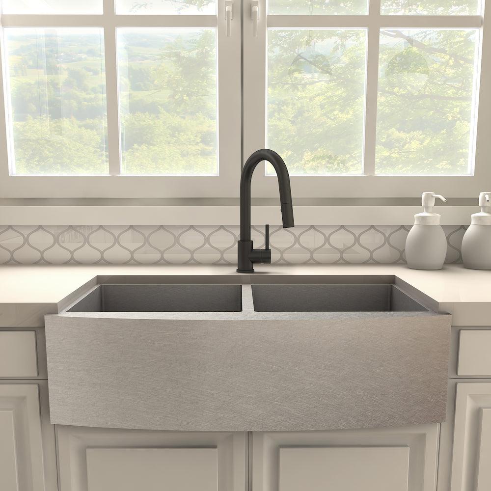 ZLINE Dante Pull Down Kitchen Faucet in Matte Black (DNT-KF-MB) in a farmhouse kitchen, front.