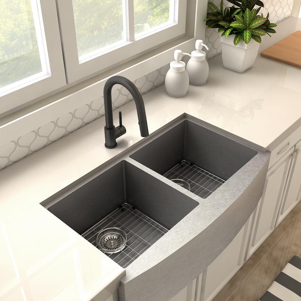 ZLINE Dante Pull Down Kitchen Faucet in Matte Black (DNT-KF-MB) in a farmhouse kitchen, above.