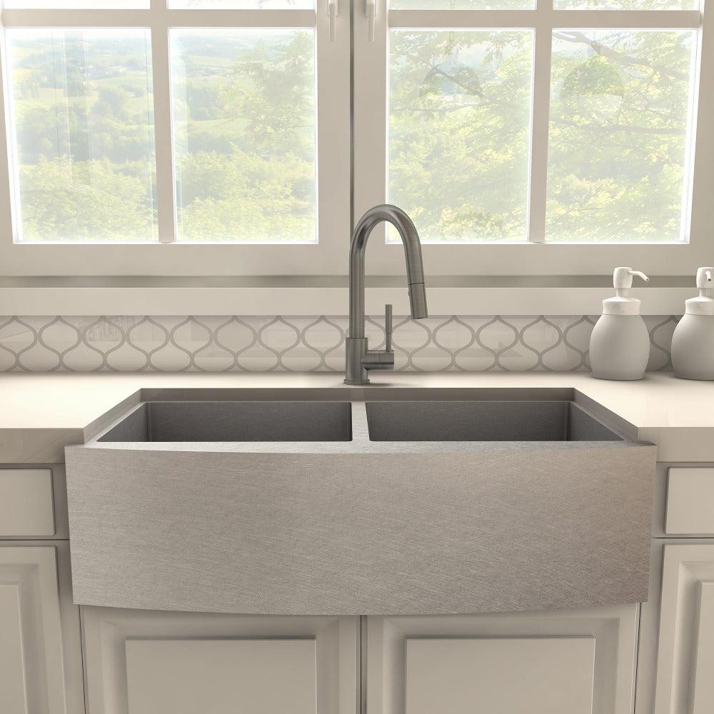 ZLINE Gemini Kitchen Faucet in Gun Metal (GEM-KF-GM) in a farmhouse kitchen, front.